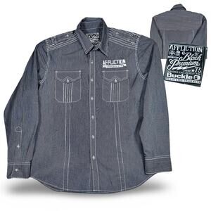 Affliction Button Down Long Sleeve Mens Large Grunge Streetwear Embroidered Gray